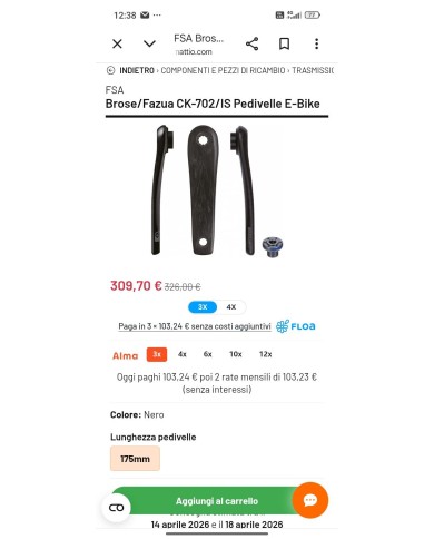 PEDIVELLE FSA CARBON BOSCH GEN2/GEN3/GEN4/BROSE /FAZUA/YAMAHA PW-X CK-702/IS 175MM ISIS