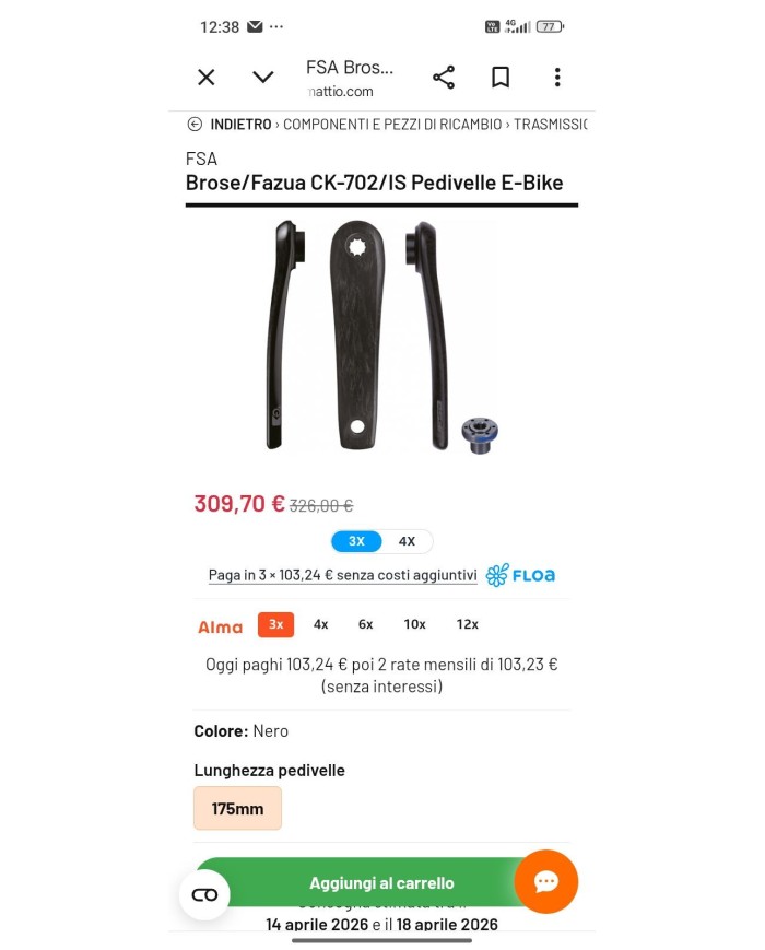 PEDIVELLE FSA CARBON BOSCH GEN2/GEN3/GEN4/BROSE /FAZUA/YAMAHA PW-X CK-702/IS 175MM ISIS