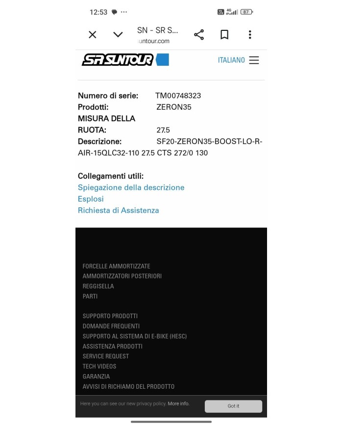 Forcella MTB enduro 27,5 boost 15x110mm escursione 130mm suntour zeron steli 35mm